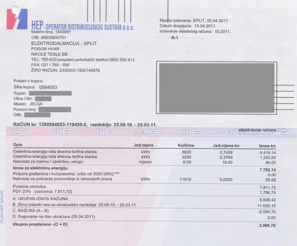 A typical white tariff electricity bill, front page