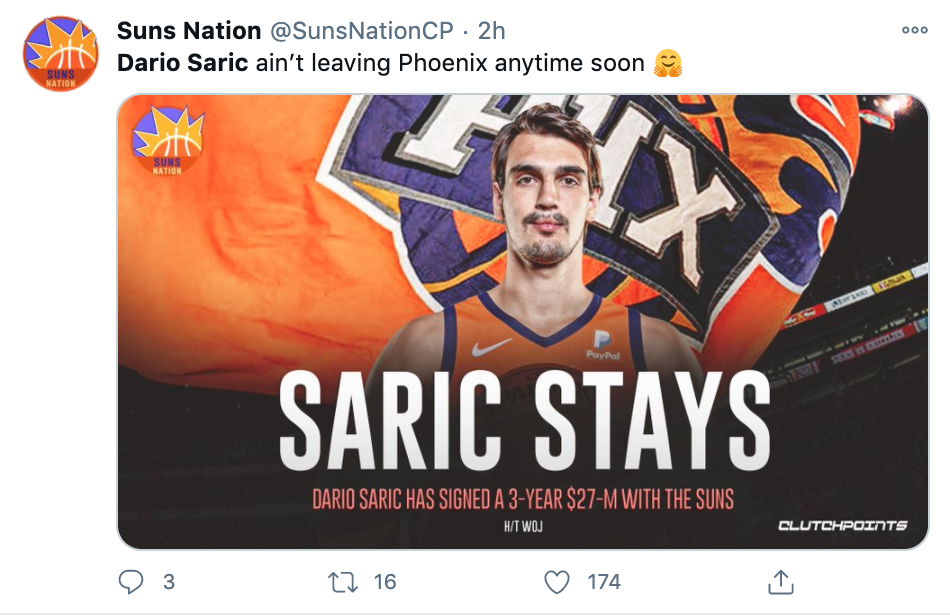 Report: Dario Saric agrees to stay with Suns on three-year, $27M deal