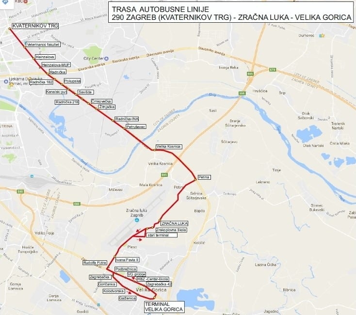 route of city bus line 290 from Kvatrnikov trg to the airport