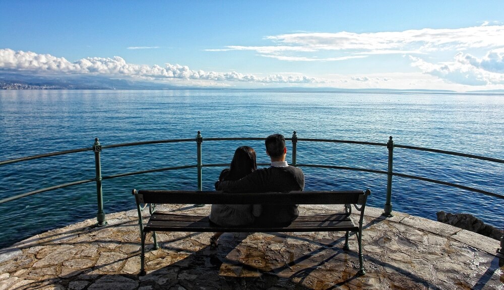 A view of Kvarner bay from a bench on Lungomare