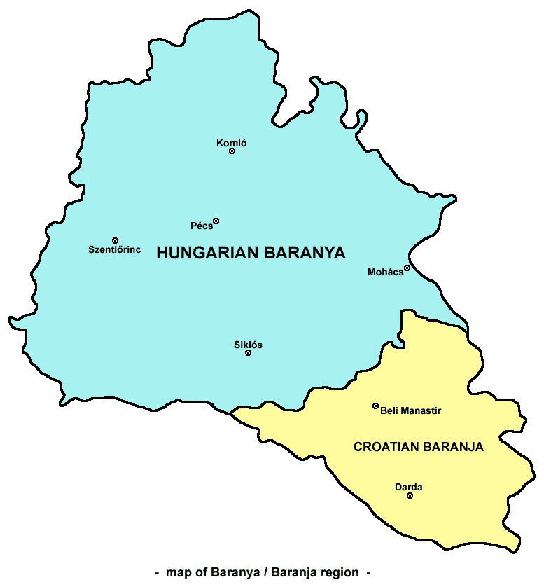 Map of Baranja. Today, the traditional region lies within two separate countries.
