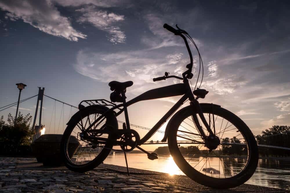 a bicycle in front of the pedestrian bridge on the Drava