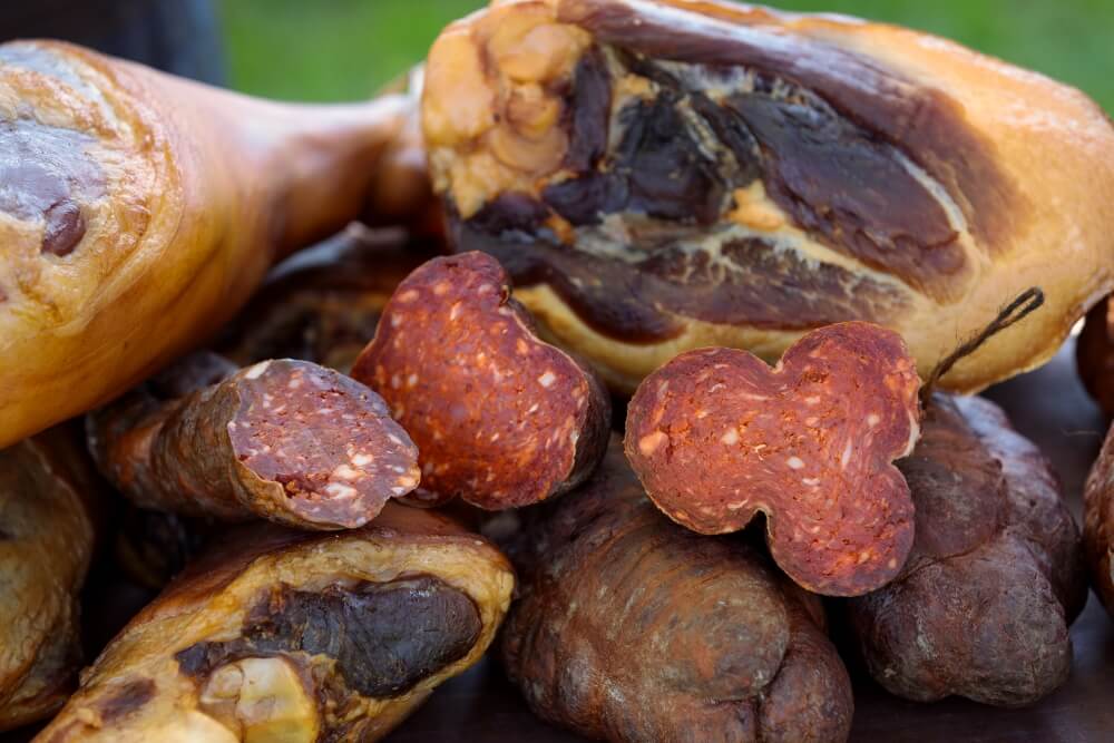 As shown above, preserved pork products of Baranja. They're a specialty of the region. The bright red, irregular-shaped one is the famous Baranja kulen