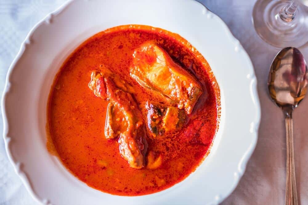 Fiš paprikaš, a river fish stew, spicy and deep red in colour from the generous paprika used
