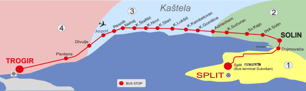 route of Bus line No. 37 - Trogir - Split airport - Split
