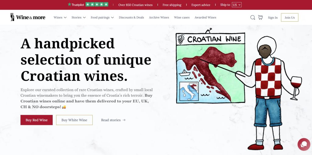 Image of a landing page at Wine & more online shop website